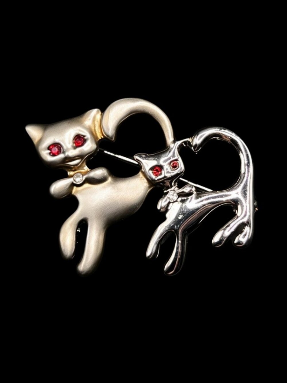 Vintage Twin Cat Rhinestone Brooch Two-Toned Metal in Gift Box